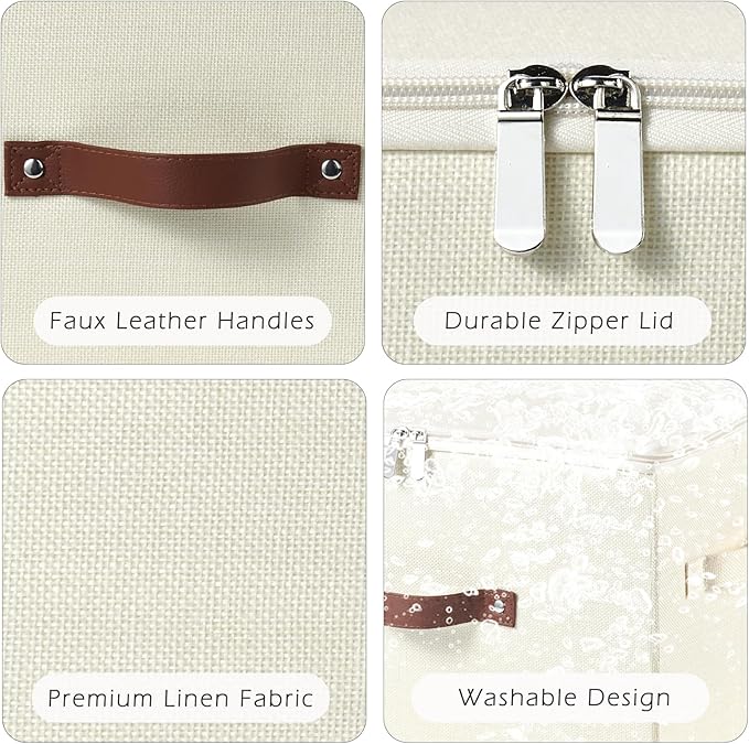 4 Pack Storage Bins with Zipper Lid Cotton Linen Fabric Lidded Storage Baskets Boxes Foldable Washable Closet Shelf Clothes Organizer Container with PU Leather Handles (Beige, Large)