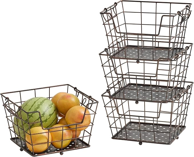 Gourmet Basics by Mikasa Ferme Adjustable 2, 3 or 4 Tier Metal Floor Standing Market Basket for Fruit & Home Storage, Antique Black
