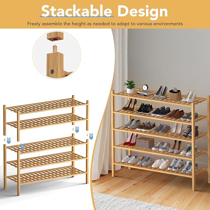 Haddockway Long 3 Tier Bamboo Shoe Rack Storage Organizer,Multifunctional Free Standing Stackable Shoe Shelf with Grid Panel for Closet,Hallway,Entryway,Small Space 34.2"x11"x20"