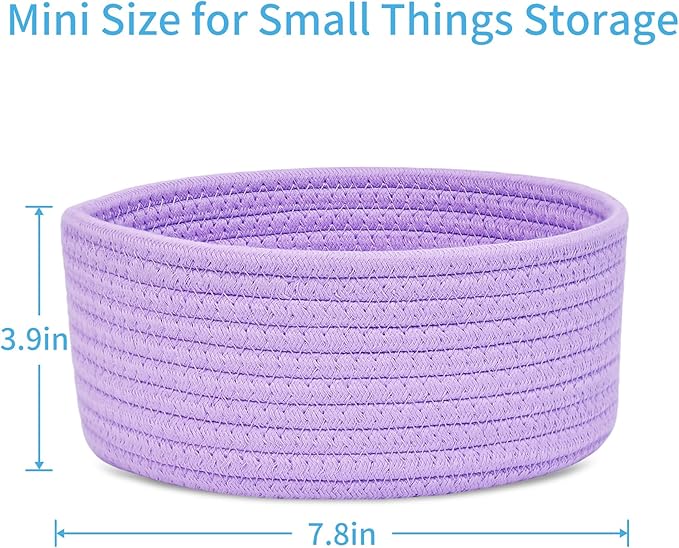 ABenkle Small Woven Basket, Empty Tiny Shallow Storage Basket, Mini Cotton Rope Baskets, Round Decorative Hamper, Basket Storage Bins for Toys, Spa, Socks, Nursery, Living Room