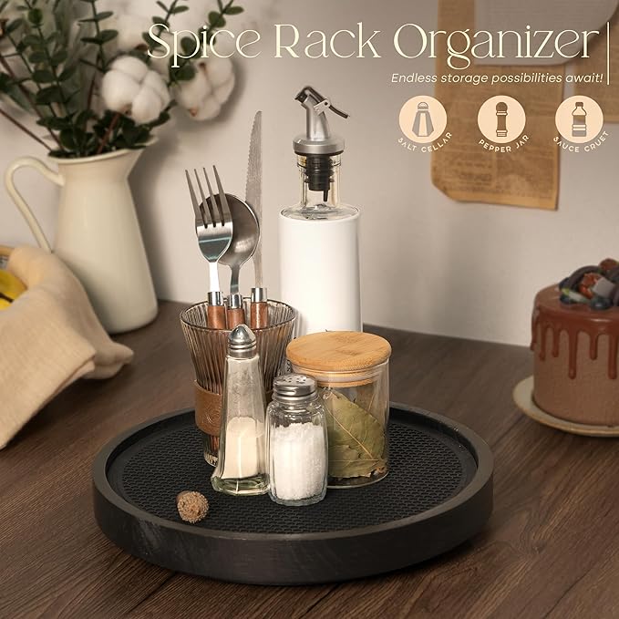 EOSAHR Non-Skid Wooden Lazy Susan Turntable for Cabinet â Chic 10.5" Lazy Susan Turntable and Bathroom Tray for Bathroom Decor & Coffee Table - Ideal for Home and Kitchen (Black)