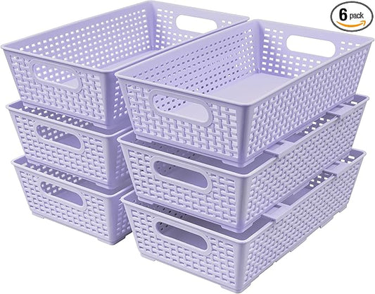 Tiawudi Stackable Woven Plastic Basket, Storage Bins for Cabinet, Closet, Shelf, Under Sink and Countertop, Pantry Organizer Bins, 6 Pack