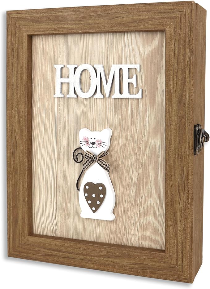 VELISTA Wooden Key Box Wall Mount – Cute and Rustic Decorative Key Cabinet – Premium Cabinet Key Holder with 6-Hooks – Small Key Holder Box - Farmhouse Wall Décor – Vintage Key Rack Cabinet (Walnut)