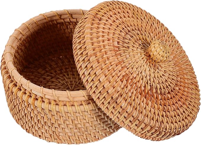 STOBAZA Vintage Rattan Storage Box with Lid Small Woven Basket 5.59X5.51X3.07 Inch for Desktop Organization Kitchen Bathroom Sundries Holder