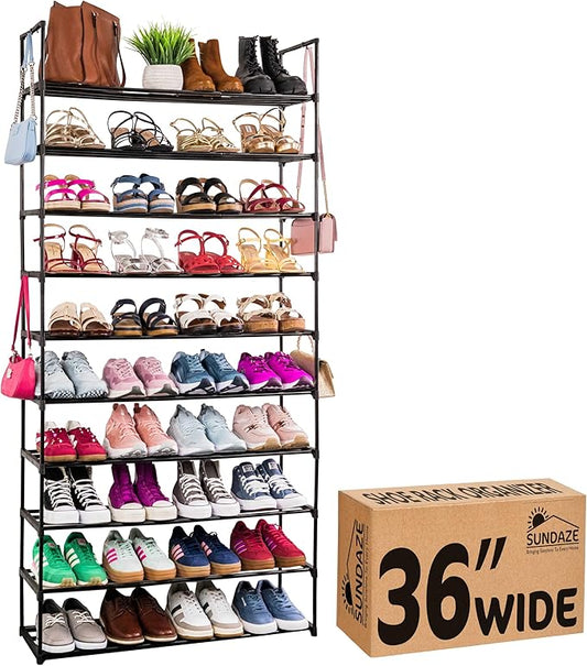 Sundaze Shoe Rack - 10 Tier Metal Shoe Rack for Front Door Entrance, Sturdy Tall Shoe Organizer for Closet, Bedroom, Entryway, Garage, Black Metal Shoe Shelf, Holds Up to 50 Pairs