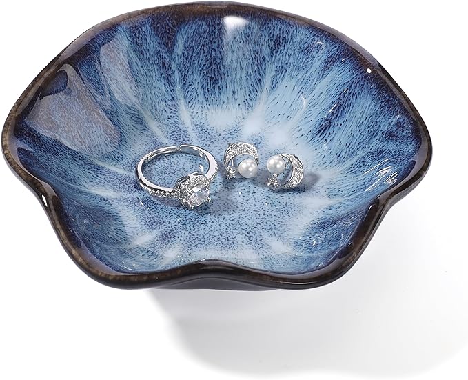 Blue Lotus Leaf Shape Ring Jewelry Dish Holder,Small Trinket Jewelry Tray,Decorative Jewelry Plate Bowl,Key Bowl,Birthday Engegament Gifts for Women Friends,Ceramic