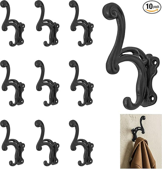 Mystic Colonial Rustic Cast Iron Wall Hooks, Heavy Duty Coat Hooks for Coat, Bag, Towel, Hat & Robe, Mounting Hardware Included, Black, Pack of 10