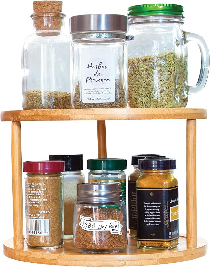 TB Home Two-Tier Bamboo Wood Lazy Susan Organizer Kitchen Turntable for Cabinet, Table or Pantry Organization, 10" Diameter & 7-1/4" High