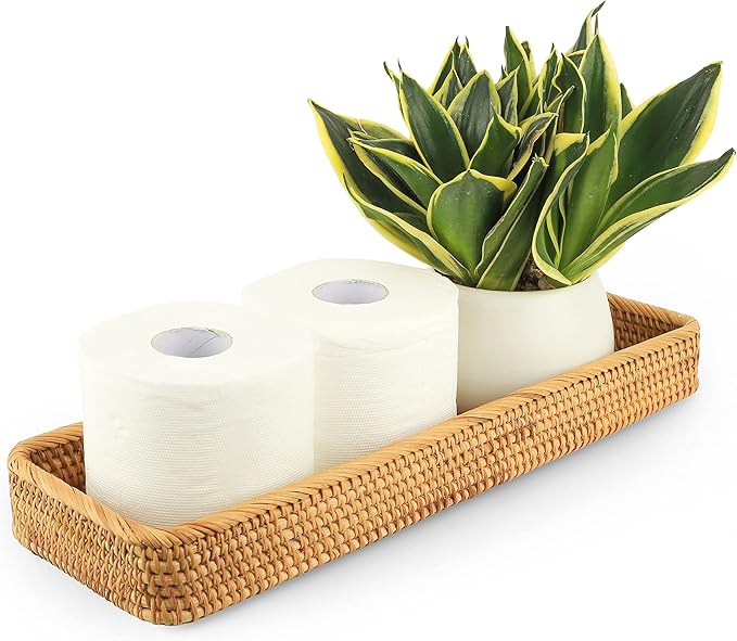 Rattan Toilet Tank Basket Woven Guest Towel Holder Decorative Wicker Tray 17" x 6" x 2" for Serving Bread or Shelves Bathroom Counter Organizers and Storage (17 x 6 x 2 inches, Honey Brown)