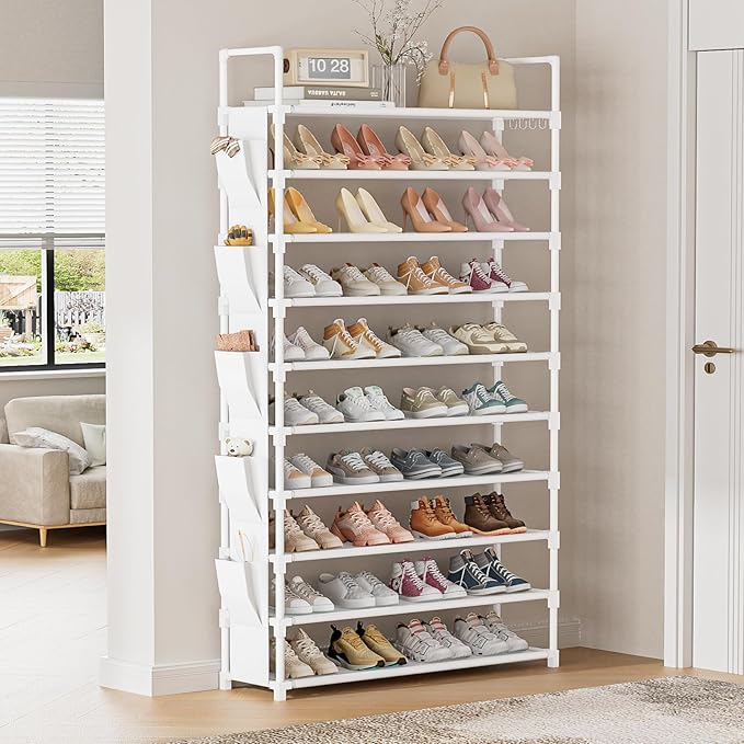Tall Shoe Rack 10 Tier Shoe Racks Organizer for Closet 40-45Pairs,Large Capacity Storage Rack for Shoes with 5Hooks,Sturdy Metal Shoe Shelf, Vertical Shoe Stand Tower