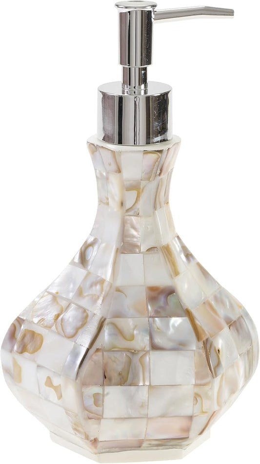 Milano Hand Soap Dispenser for Bathroom, Decorative Countertop Lotion Dispenser Finished in Beautiful Mother of Pearl, with Durable Pump for Elegant Bathroom Decor