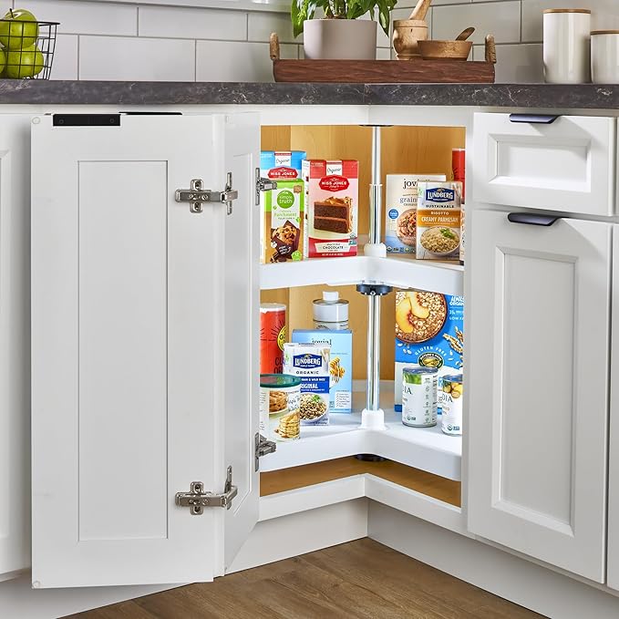 Rev-A-Shelf 2 Tier Kidney Cut Lazy Susan for Corner Base Cabinets, Plastic, 24" Double Shelf Swivel Kitchen Spice/Can Organizer, White, 3472-24-11-52