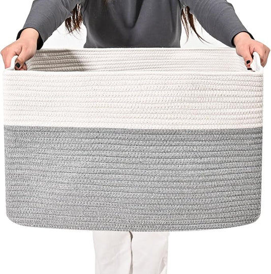 Large Blanket Basket Living Room, Rectangle Storage Basket, Large Basket for Blankets, Woven Cotton Rope Baskets for Storage Toy Dirty Clothes, 22”x17”x12”, White & Grey, 75L