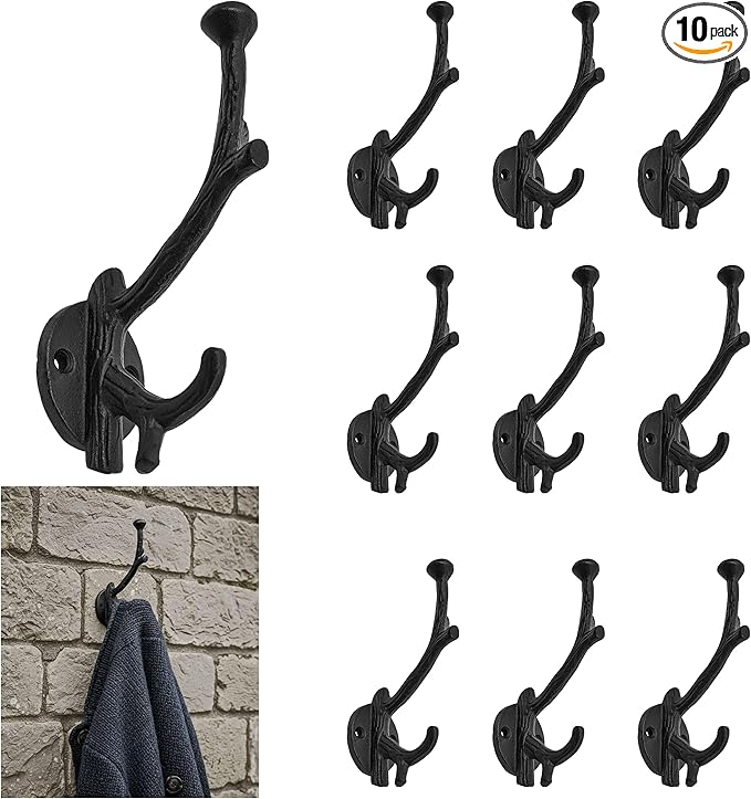 Mystic Colonial Rustic Cast Iron Wall Hooks, Heavy Duty Retro Utility Hooks for Hanging Coat, Bag, Towel, Robe, Hat and More, Pack of 10, Black