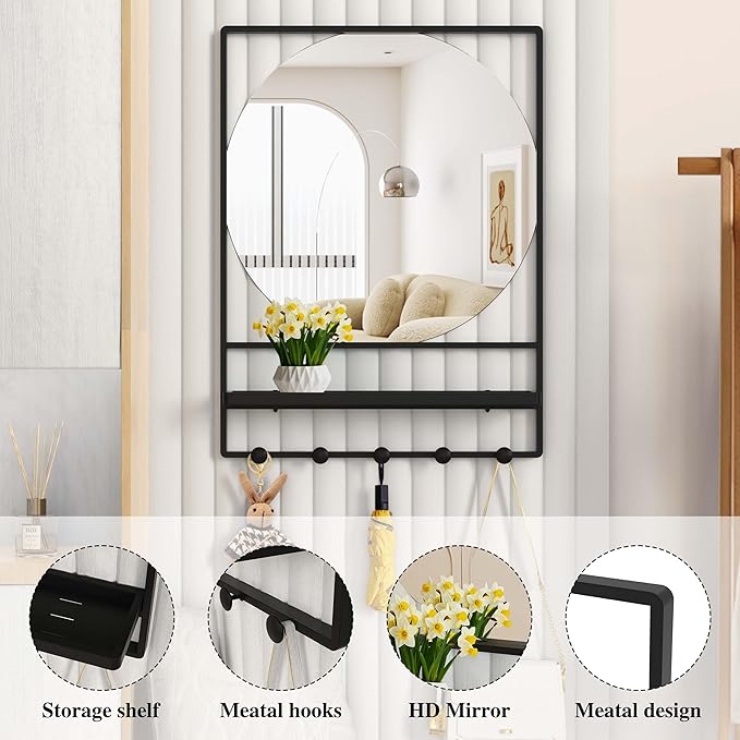 WONSTART Wall Mirror with Shelf and Hooks, 21" X 28" Metal Framed Bathroom Mirror with Shelf, Decorative Mirror for Bathroom, Entryway, Bedroom, Living Room (Black, 21 x 28)