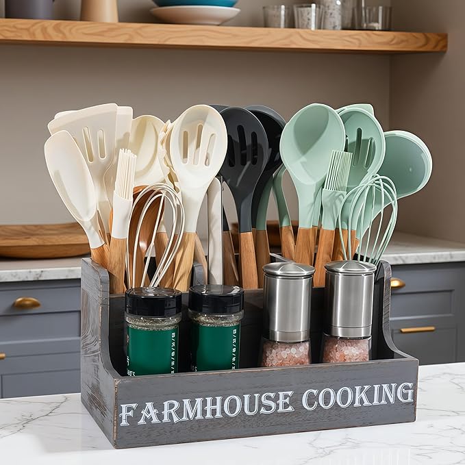 Kitchen Utensil Holder, Utensil Holder For Kitchen Counter,Extra Large Cooking Spatula Organizer,Farmhouse Wooden Big Storage Rustic Flatware Spoon Tool Organizer