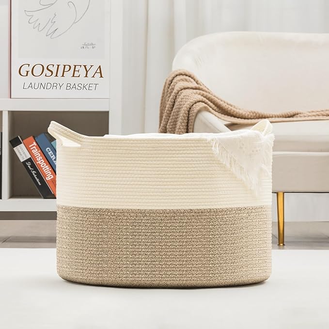 XXXLarge Woven Cotton Rope Basket (21.7" x 13.8") 90L – Blanket Basket for Living Room, Laundry Hamper, Baby Laundry Hamper, Toy Storage, Pillows & Cushions Organizer (Brown)