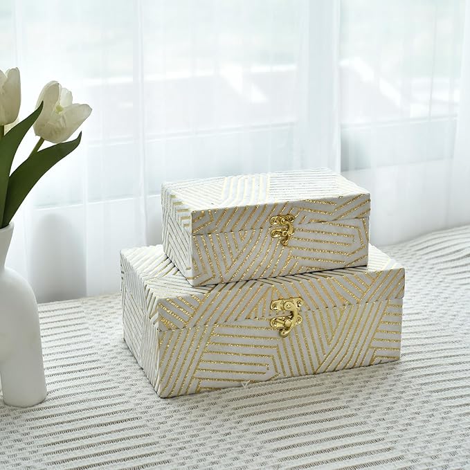 Velvet Decorative Boxes Storage Accessory Organizer with Gold Stripe Set of 2, White