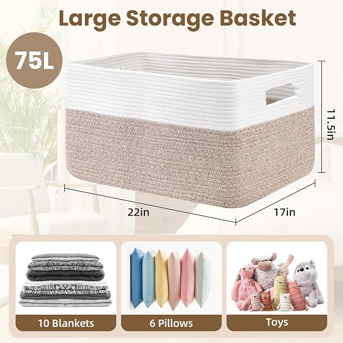 75L Large Blanket Basket, Woven Storage Baskets with Reinforced Handles, Rope Laundry Basket for Living Room, Bedroom, Nursery, Toys, Clothes,Pillows, 22â x 17â x 11.5â, White & Brown