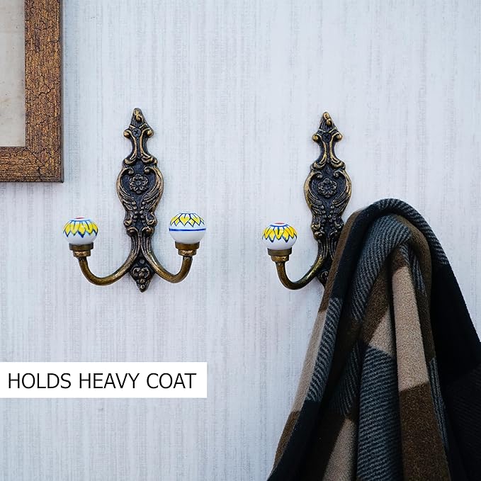 Indian Shelf Pack of 12 Heavy Duty Double Prong White Decorative Coat Hooks Unique Coat Rack Wall Mount Ceramic Wall Hooks for Hanging Towel Holder Backpack Purse Hanger- Style 11