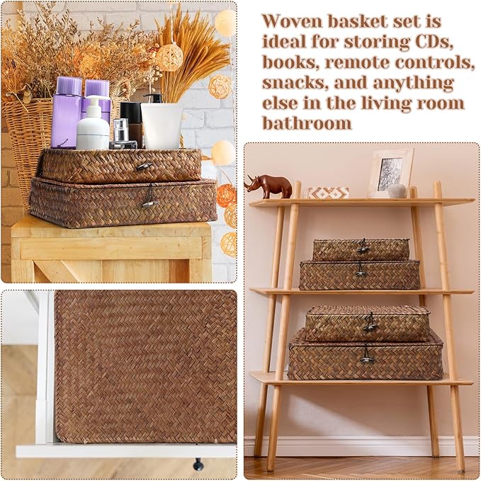 Set of 4 Seagrass Basket with Lid Wicker Storage Basket Decorative Storage Boxes with Lids Flat Storage Bins Woven Organizer Baskets for Shelf Closet Bedroom, 4 Sizes (Dark Brown)
