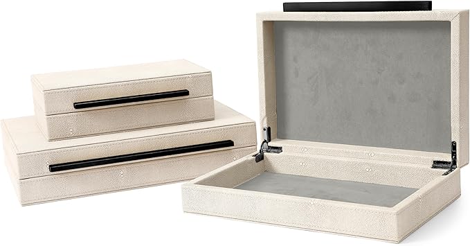 Sagala Set of 3 Ivory Shagreen Decorative Boxes With Black Metal Handles, Faux Leather Jewelry Boxes Modern Storages Photo Memory Boxes Home Organizer Boxes (Ivory-Black, 3pack)