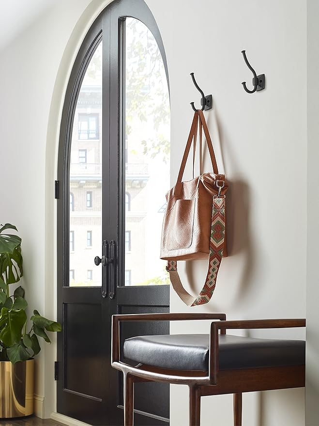 Amerock H37002MB | Kinsale Double Prong Decorative Wall Hook | Matte Black Hook for Coats, Hats, Backpacks, Bags | Hooks for Bathroom, Bedroom, Closet, Entryway, Laundry Room, Office