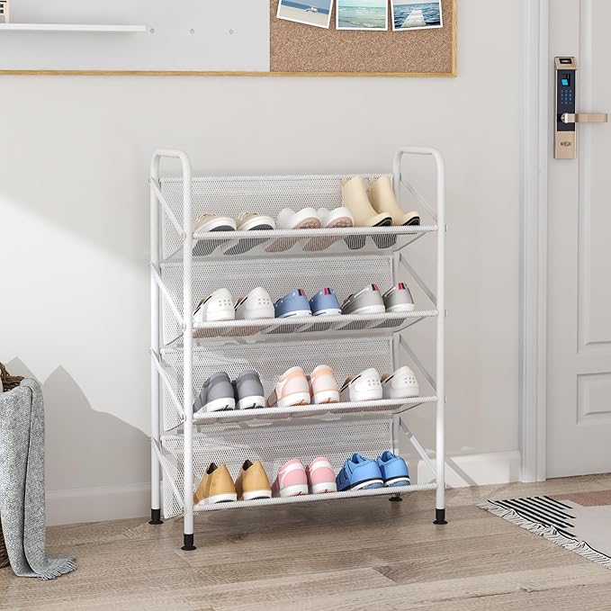 4 Tier Shoe Rack for Closet Mesh Fabric Metal Shoe Racks, Small Shoe Storage Organizer Shelf for Entryway, Hallway, Dorm Room (White, Wider 4 Tier)