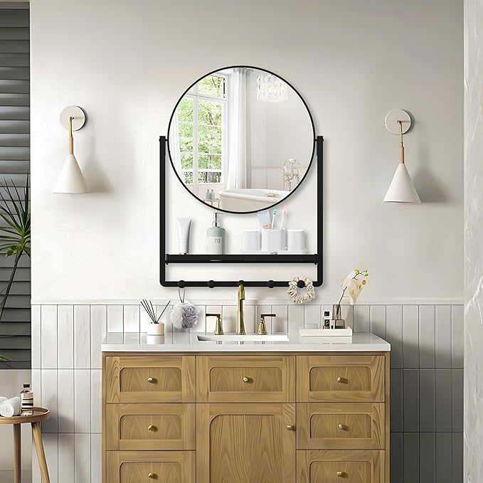 WONSTART Modern Black Round Wall Mirror with Shelf and Hooks, 29.5" x 21.7" Large Bathroom Mirror with 10° Adjustable Tilt for Entryway, Living Room, Hallway, Bedroom