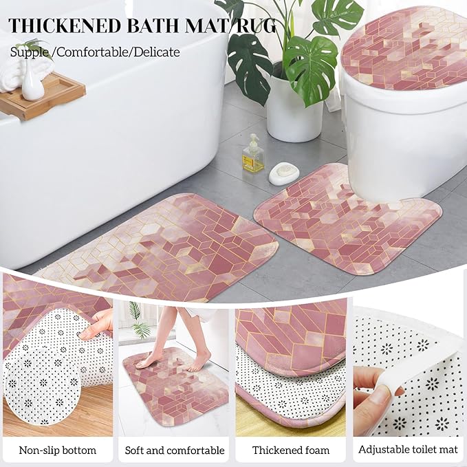 Lnond Pink Bathroom Set, Pink Abstract Cubes Bathroom Accessories Sets Complete, Luxury Restroom Set with Shower Curtain and Rugs, Trash Can, Toilet Brush Holder Set & Soap Dispenser