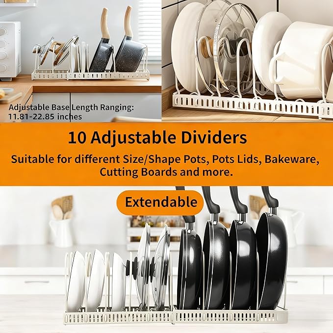 Expandable Under Cabinet Organizer Rack for Pots, Pans, Lids & Bakeware - Adjustable 10-Compartment Kitchen Storage Holder for Cabinet Door, Fits Cutting Boards, White, Expandable 11.81''-22.85''
