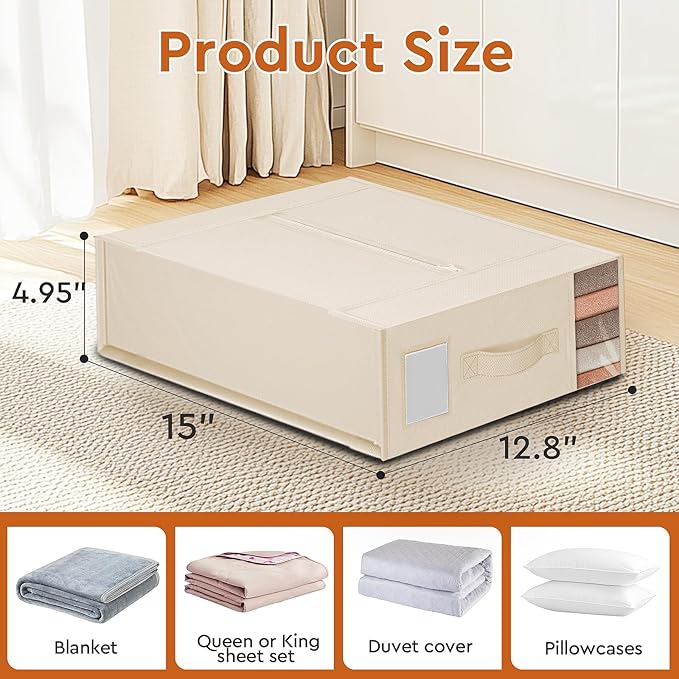 2 Pack Bed Sheet Closet Organizers and Storage,Sturdy Foldable Storage Containers with Window and Label,Storage and Organization for Bedding Sheets,Duvet Covers,Blankets (Beige)