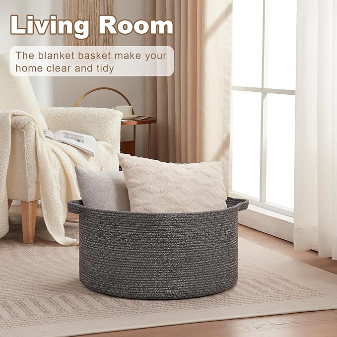 Large Woven Baskets for Storage, 22.8" x 22.8" x 13" Blanket Storage Living Room, Baby Toy Basket for Clothes, Pillows, Towels, Shoe Basket for Entryway (Dark Grey)