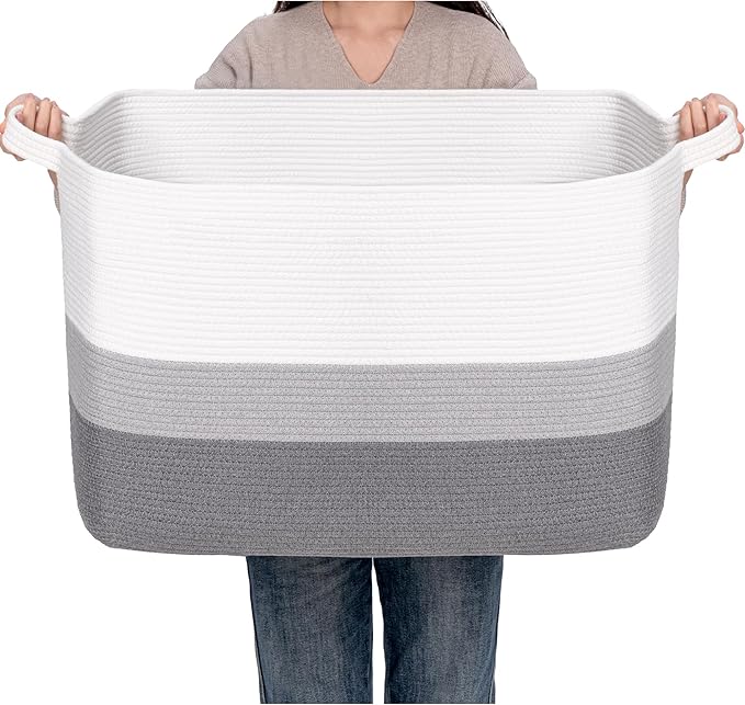 CLHMILY&Z Stylish Square Cotton Rope Storage Basket (Grey & White, 110L)