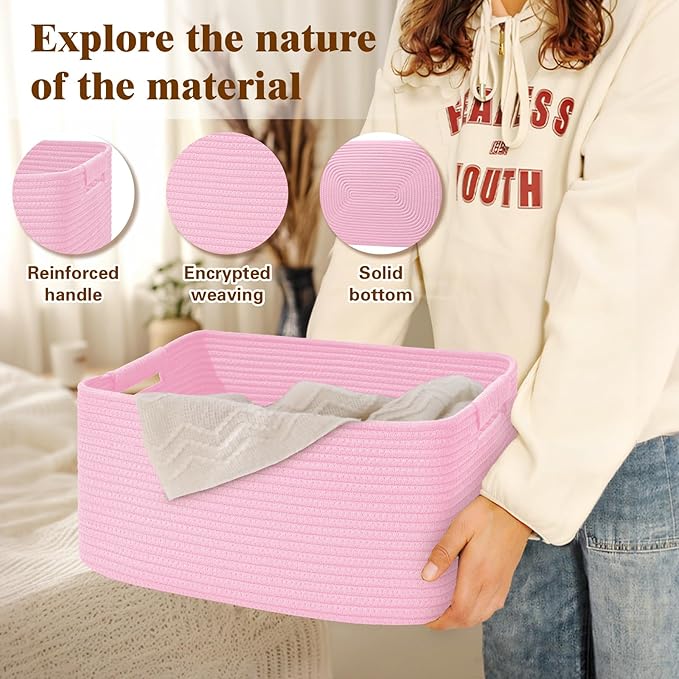 4 Pack Large Storage Basket for Organizing, 17.5"x13.5"x7.5" Woven Basket for Shelves, Closet Cube Storage Bins with Wrapped Handle, Cotton Rope Baskets for Kitchen, Clothes, Toys(Light Pink)