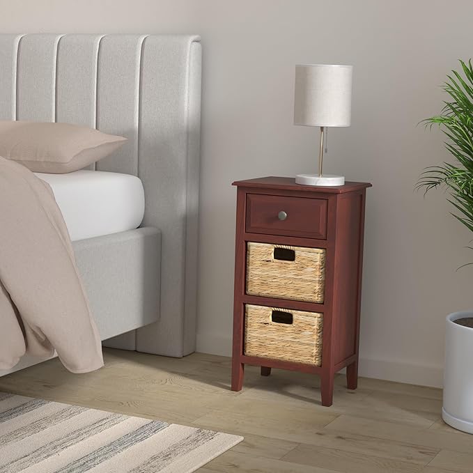 SAFAVIEH Home Collection â Everly Cherry 3-Drawer Side Table with Woven Basket Storage, Fully Assembled Farmhouse Accent Table (AMH5743C)