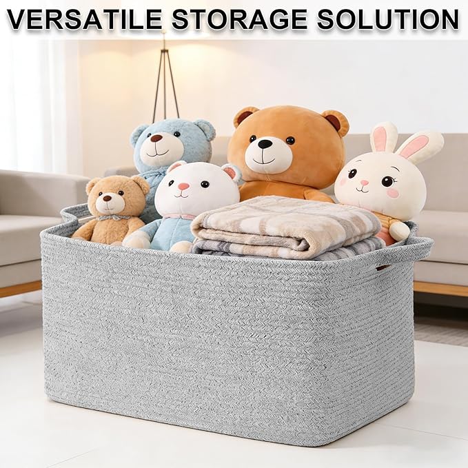 Magazine & Newspaper Baskets,Large Woven Rope Blanket Basket,24"x16"x15"Storage Bin with Handle,Toys Storage,Laundry Basket for Home Organization/Living Room/Nursery/Bedroom,Grey