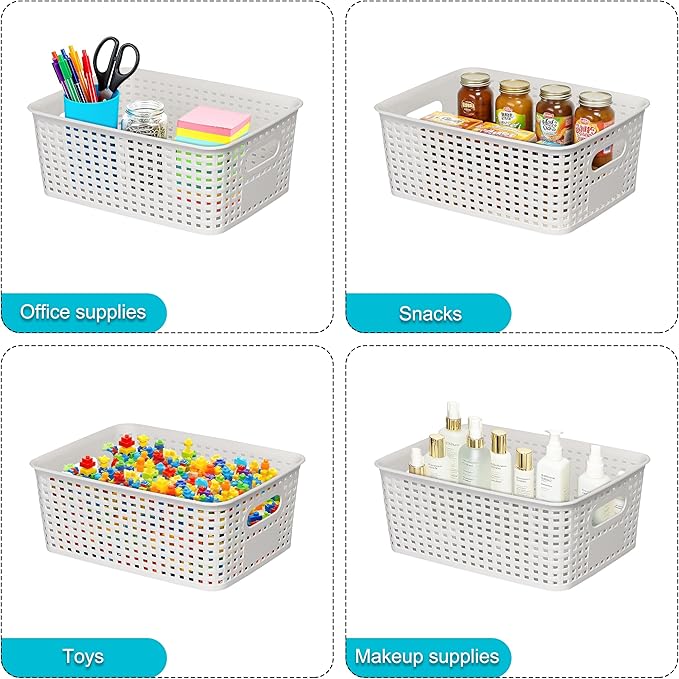 Soddeph 6 Pack Plastic Storage Baskets with Handles,Stackable Organizer Bins for Closet, Bathroom, Kitchen, Office, Shelf and Cabinet Organization (White, Grid-6PACK)