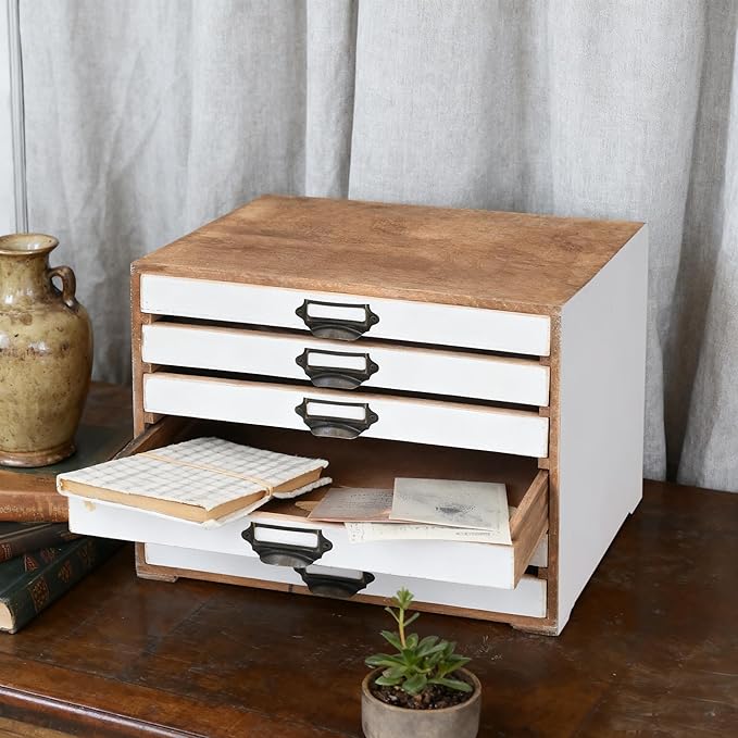 Vintage Wooden Storage Box Desktop Organizer Cabinet with 6 Drawers Rustic Farmhouse Distressed Decor Jewelry Cosmetics Craft Paper Small Tool Library Card Catalog Cabinet for Home Office Desk White