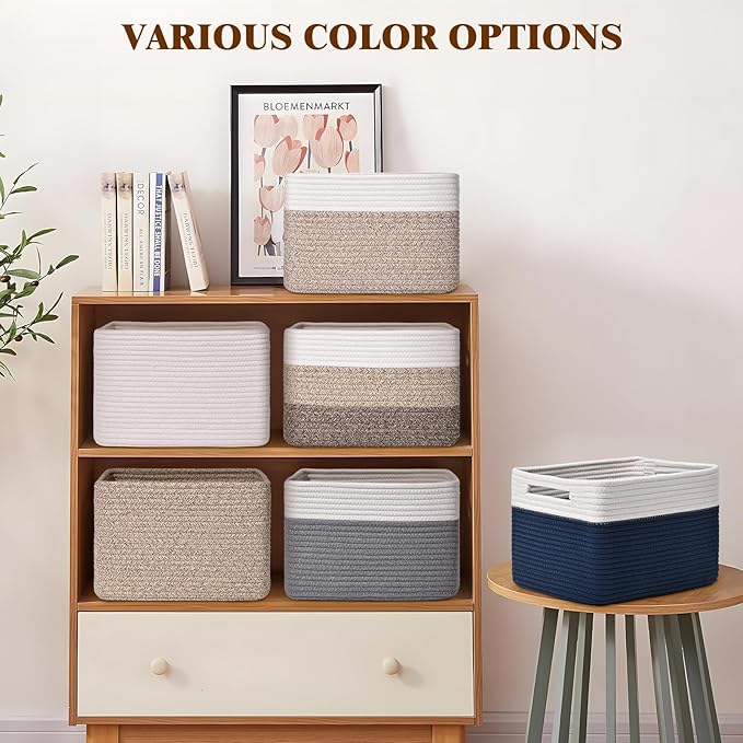 Storage Baskets for Organizing, 4 Pack Baskets for Shelves, Decorative Storage Bins for Shelves, Cotton Rope Storage Basket with Handles, Woven Basket for Storage, 13''Lx8.7''Wx7.9''H, Gray