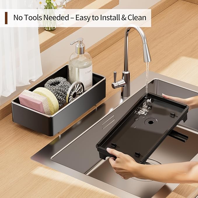 MOUKABAL Sponge Holder for Kitchen Sink – Rustproof Stainless Steel, 360° Rotating Drain Pipe, Large Counter Organizer with Drip Tray for Sponges, Brushes & Dish Cloths Black