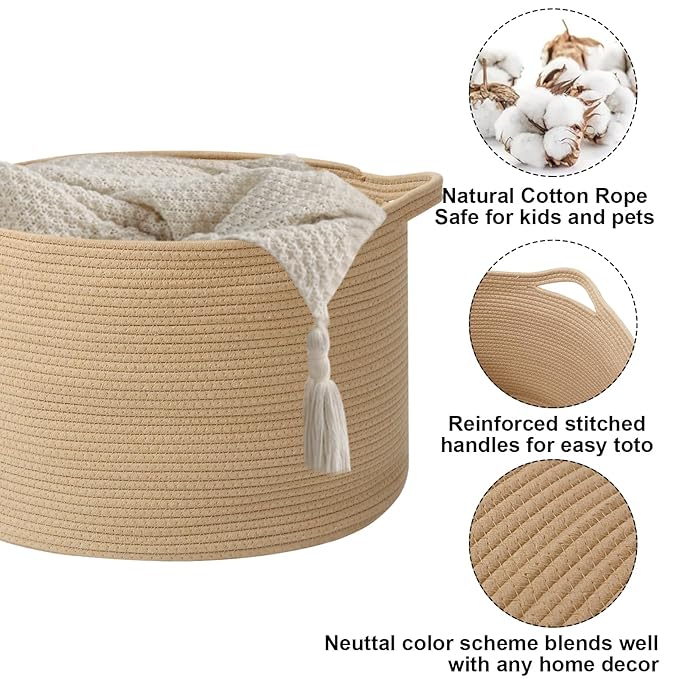 90L Large Blanket Basket,21.7"L x 21.7"W x 13.8"H Rope Woven Baskets with Handles, Toys Storage Bins,Laundry Basket Perfect for Living Room, Nursery,Bedroom,Home Organization,Camel