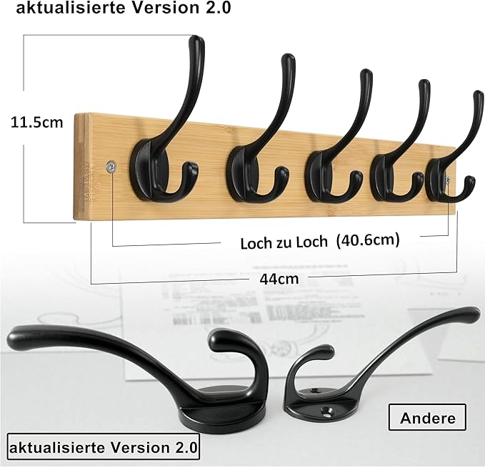 Dseap Wall Mounted Coat Rack: 16" Hole to Hole, Coat Hook Hanger with 5 Metal Hooks for Hanging Coats Towels Hats Clothes, Natural & Black, 2 Packs