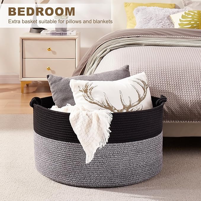 Large Blanket Storage Basket for Living Room, 22.8" x 22.8" x 13" Woven Cotton Rope Basket with Handles, Baby Toy Storage, Laundry Hamper for Clothes, Pillows, Towels-Black and Grey