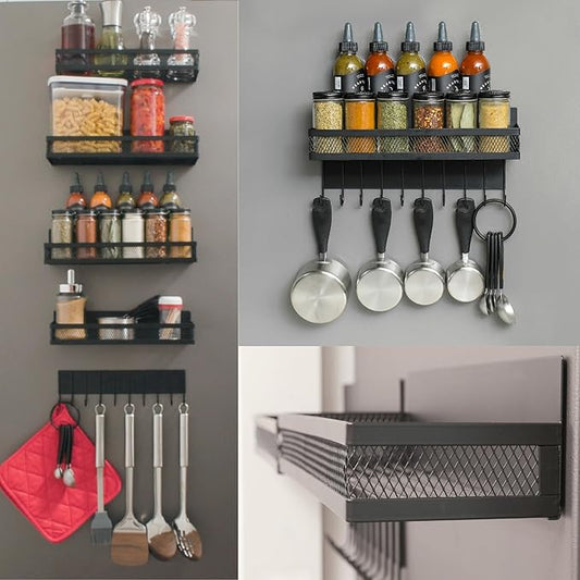 SPICE FLOAT Magnetic Spice Organizer Racks - 4 Premium Metal Racks + 1 Hanging Hook Bar Kitchen Shelf - Seasoning Organizer For Kitchen Appliances (3.94" x 12.2" x 3.15")