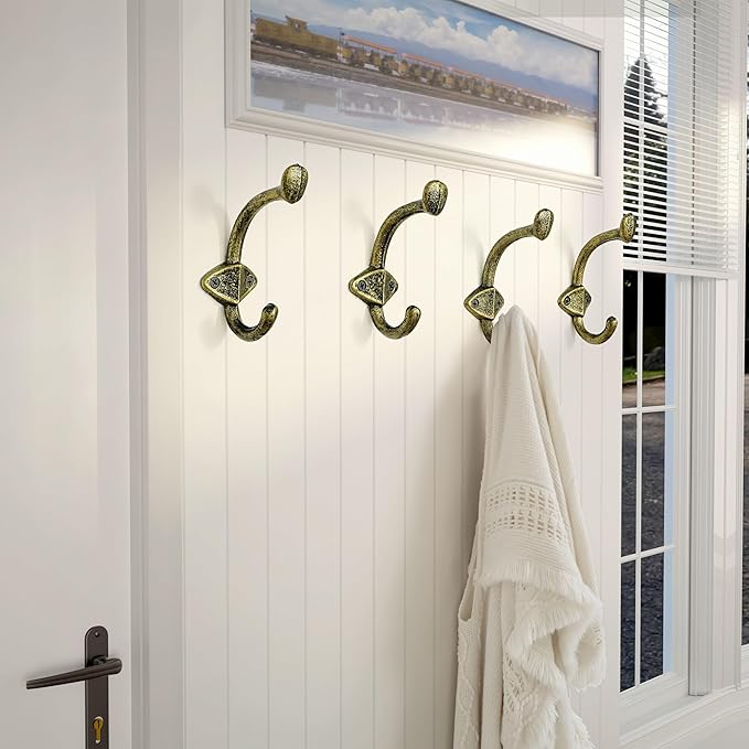 Dseap Cast Iron Wall Hooks L=5”, Heavy Duty Coat Hooks, Rustic Vintage Farmhouse Hook for Hanging Winter Coats Jackets Towels Hats Bags Plants, Antique Black& Gold, Pack of 5 (ShieldBold)