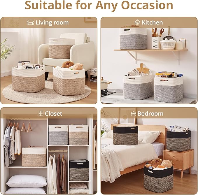 OIAHOMY 13 Kallax Inch Cube Storage Bins, 3-Pack Cotton Rope Woven Baskets for Organizing, Kallax Insert Storage Baskets for Shelves, Baby Nursery, Closet Organizer, 13 * 13 * 12.6IN, Gradient Brown