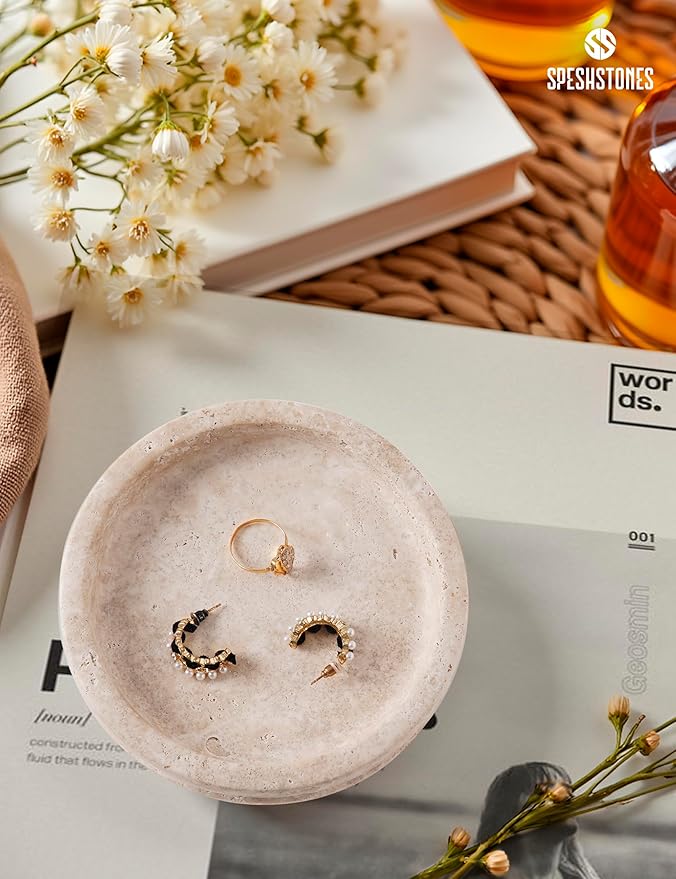 Marble Jewelry Dish 5 Inch Handmade Travertine Ring Holder - Trinket Tray for Vanity & Aesthetic Room Decor, Stone Key & Candle Plate for Entryway Table