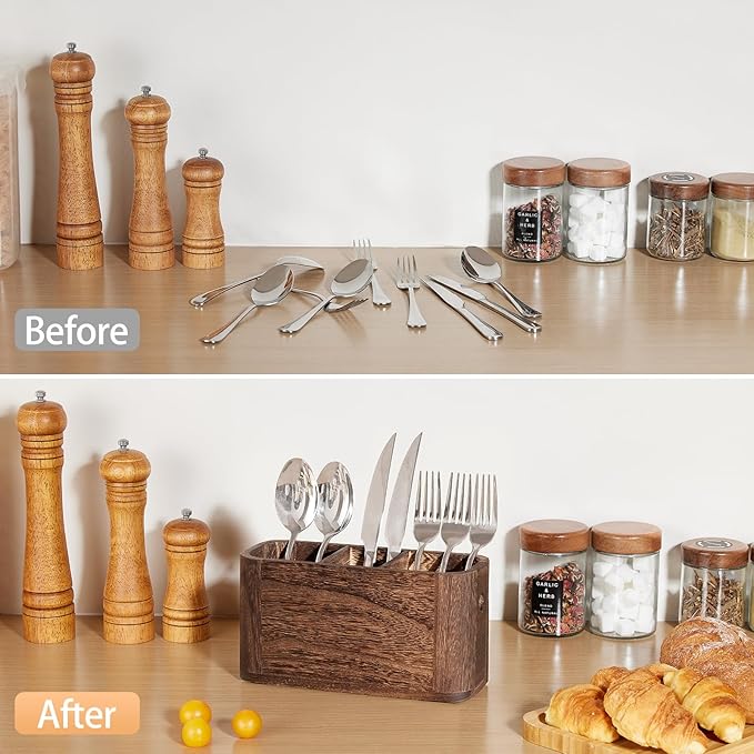 Wooden Silverware Holder for Countertop, Kitchen Utensil Caddy with 3 Compartments, Cutlery Storage Organizer Countertop, Flatware Organizer for Party, Spoon, Fork Holder