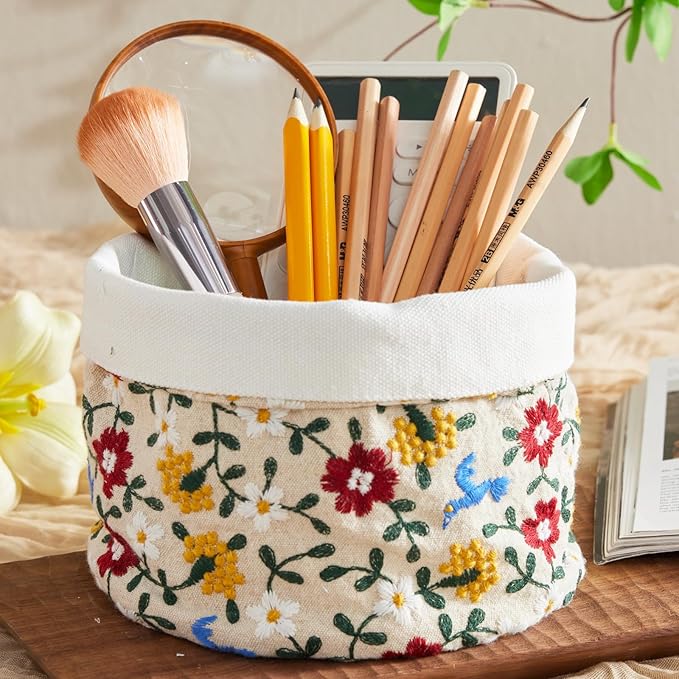 HAUSFRAU Decorative Storage Baskets - Round Embroidered Jacquard Baskets for Home Decor and Organizing - Small Storage Box and Organizer Bins, 6"x6"x6", Bird Flower